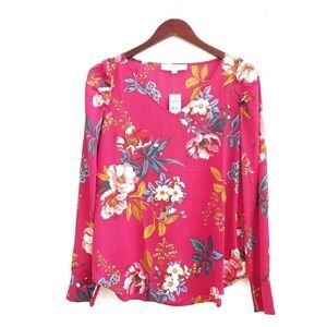 New Loft FLORAL RUFFLE  V-NECK Top Size Small Pink White Yellow